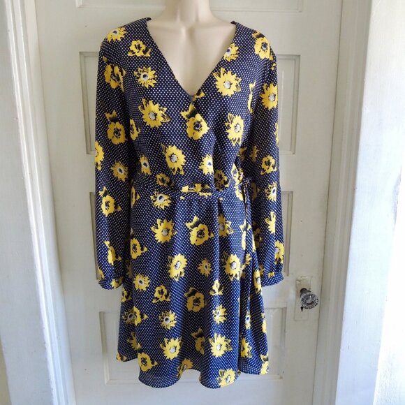 Banana Republic Blue & White Polka Dot Sunflowers Faux Wrap Dress 16 - Picture 1 of 10